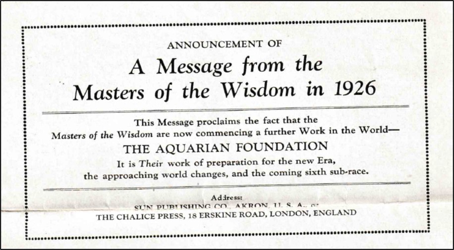 Snapshot of the title of a small pamphlet called, "Announcement of A Message from the Masters of the Wisdom in 1926." The message is announcing the creation of the Aquarian Foundation, and the work they will be doing to prepare for the coming sixth sub-race of humanity