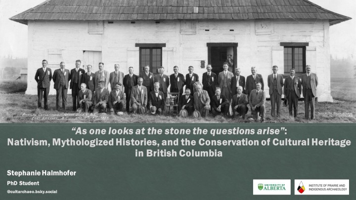 Title slide for a presentation which features a black and white photo from 1932 of a large group of men standing in front of a large wooden building.